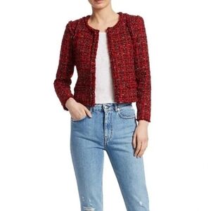 IRO Disco Frayed Metallic Bouclé-Tweed Blazer Jacket Red Wool Open Front 34 2 US